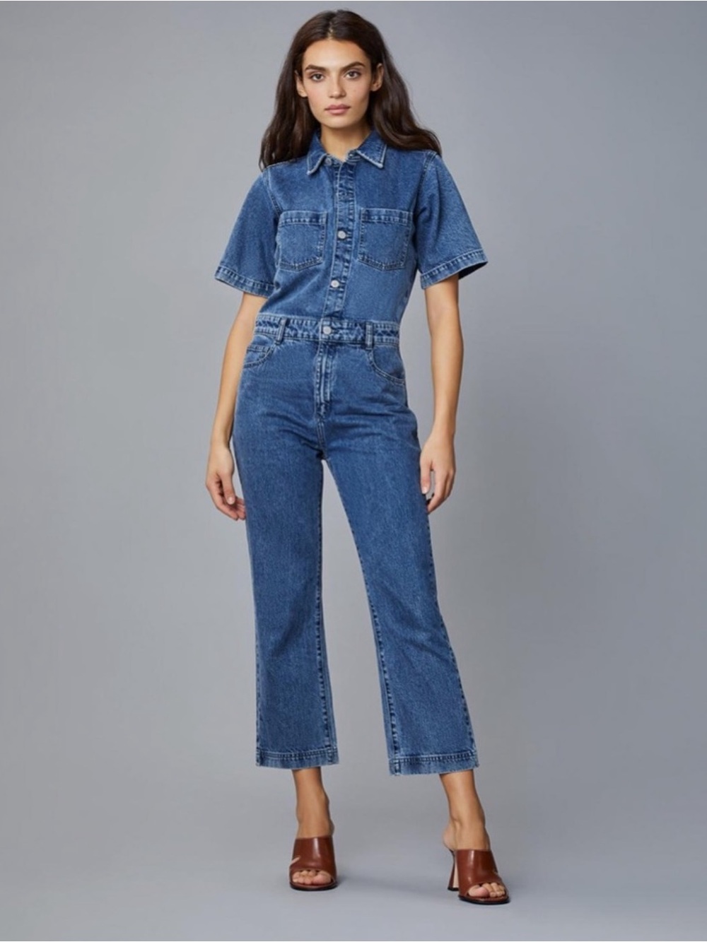 DL1961 Hannah Jumpsuit Straight Leg Cropped Denim Cotton Utility Short Sleeve